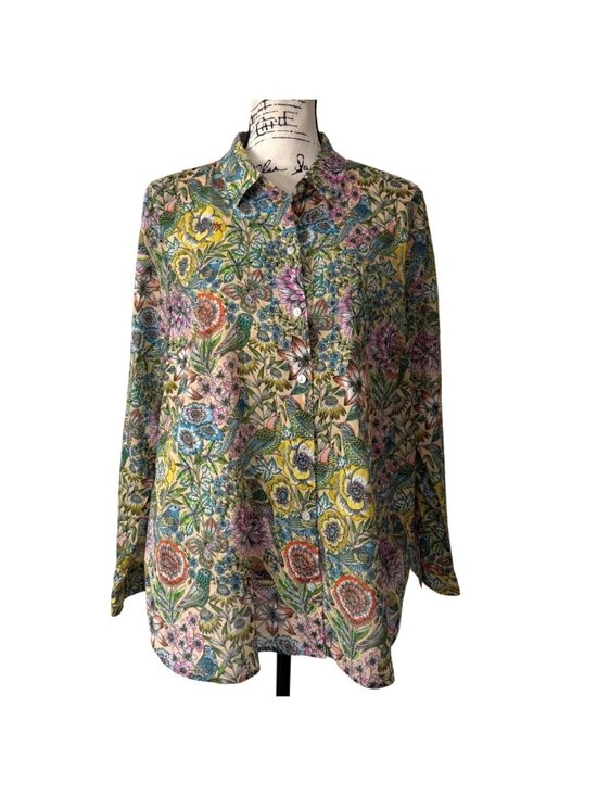 J. Jill Tops - J. Jill Womens Size M Button-Up Shirt Floral Bird Cotton Long Sleeve Botanical